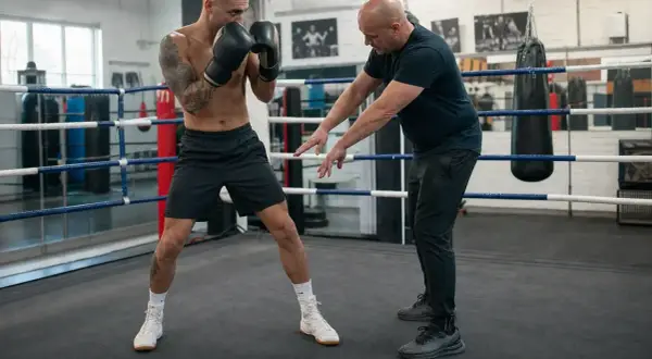 A boxing coach demonstrates proper footwork and all boxing stances to a fighter in a ring.