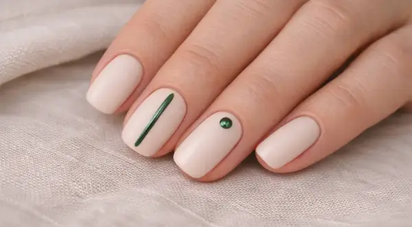 Manicure minimalista con smalto nude, una linea verde e un cristallo. L'estetista unghie ha creato un look elegante.