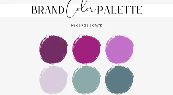 A brand color palette featuring a lavender color wheel and complementary shades.