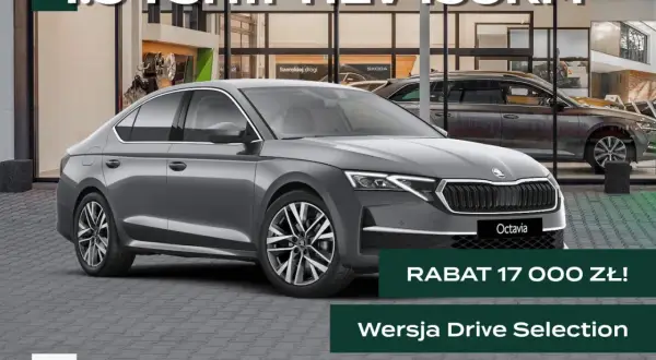 Szara Skoda Octavia 1.5 TSI m-HEV 150KM w wersji Drive Selection, z rabatem 17 000 zł. Idealna na szerokiej drogi.