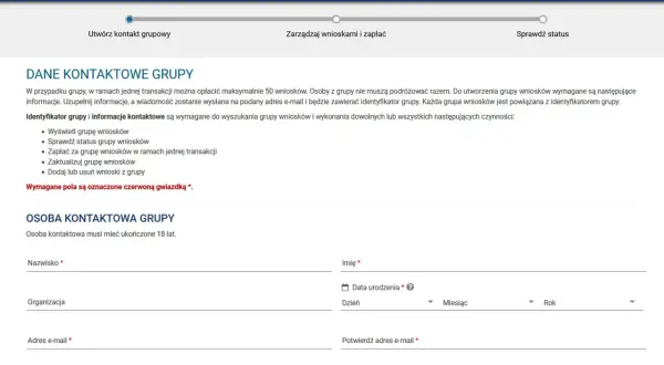 Formularz do utworzenia grupy wniosków. Wpisz dane kontaktowe osoby odpowiedzialnej za grupę, aby zarządzać wnioskami.