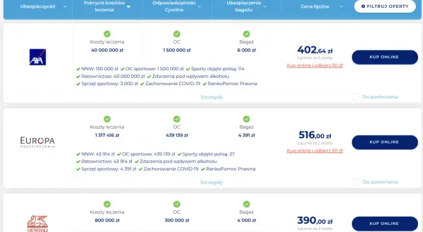 Porównanie ofert ubezpieczeń turystycznych: AXA, Europa, Generali. Sprawdź, jakie ubezpieczenie turystyczne wybrać, porównując koszty leczenia, OC i bagażu.