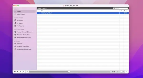 A media player window on a Mac shows a playlist with a .vob file, demonstrating how to play vob files on Mac.