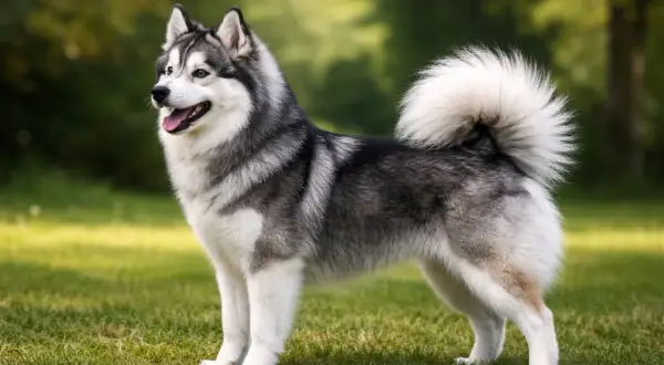 Uroczy pomsky z puszystym ogonem stoi na trawie, z uśmiechem na pysku.