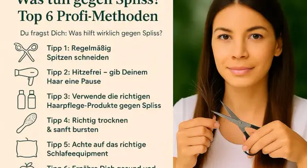 Frau schneidet sich die Spitzen, um Spliss zu bekämpfen. Tipps gegen Spliss: regelmäßiges Schneiden, Hitzefrei, richtige Pflegeprodukte, sanftes Trocknen, Schlaf-Equipment, gesunde Ernährung.