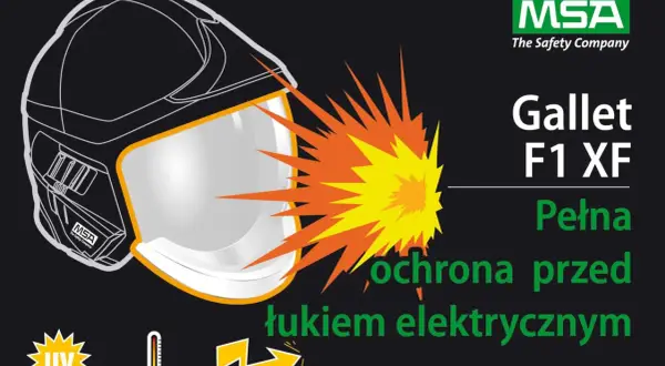 Kask Gallet F1 XF chroni przed łukiem elektrycznym. Widoczny wybuch pomarańczowo-żółty.