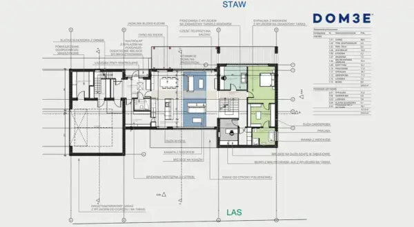 Projekt architektoniczno budowlany domu z tarasem i ogrodem. Widok piętra z pokojami i łazienkami.