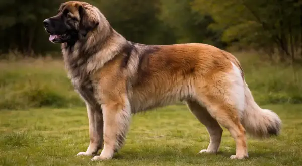Ein majestätischer Leonberger steht auf einer grünen Wiese. Sein sanftes Leonberger Temperament spiegelt sich in seiner ruhigen Haltung wider.