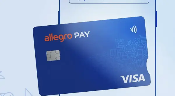 Karta Allegro Pay z logo Visa i ikonami symbolizującymi różne kategorie zakupów.