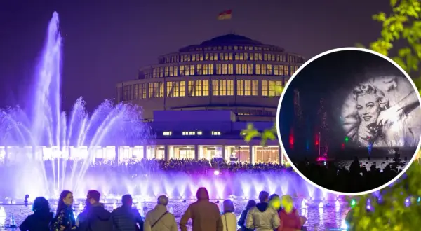 Wrocławska fontanna multimedialna zachwyca pokazem z Marilyn Monroe. Tłumy widzów oglądają wodne widowisko.