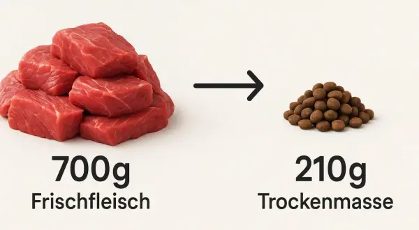 700g Frischfleisch ergeben 210g Trockenmasse. Hunde brauchen Fleisch für eine ausgewogene Ernährung.