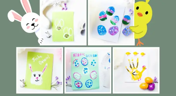 Bilder zeigen Ideen zum Osterkarte basteln: bunte Ostereier, Hasen und Küken aus Fingerabdrücken.