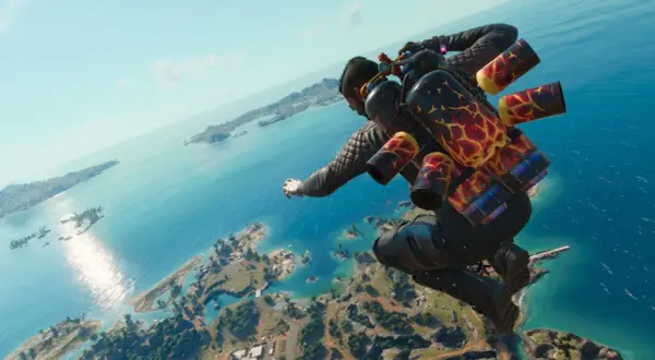 Gracz z plecakiem odrzutowym spada nad tropikalną wyspą. To ujęcie z gry Far Cry 6 poradnik.
