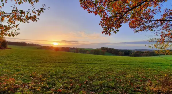 Herbstlicher Sonnenuntergang über grünen Feldern, ideal für eine Tour auf dem bergischen Weg mit Komoot.