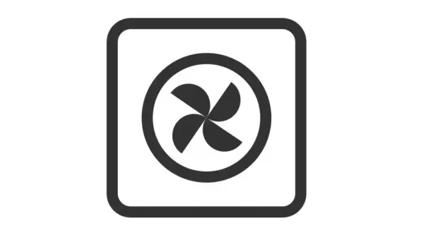 Symbol termoobiegu w piekarniku. Cztery łopatki wentylatora w okręgu, otoczone ramką.
