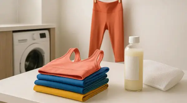 Sportbekleidung aus Elasthan waschen: Ein Sport-BH und Leggings hängen zum Trocknen, daneben liegen gefaltete Sportkleidung, Waschmittel und ein Wäschenetz.