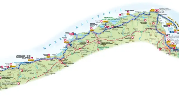 Mapa Polski z zaznaczonym szlakiem latarni morskich, prowadzącym przez malownicze wybrzeże Bałtyku.