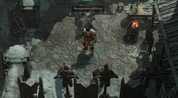 Diablo 4: Tajemnice Źródła. Postać w czerwonej zbroi stoi przed wilkami, słysząc "Bestia żyje w tobie".