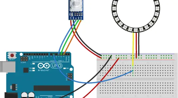 Połączenie enkoder Arduino z pierścieniem LED na płytce stykowej.