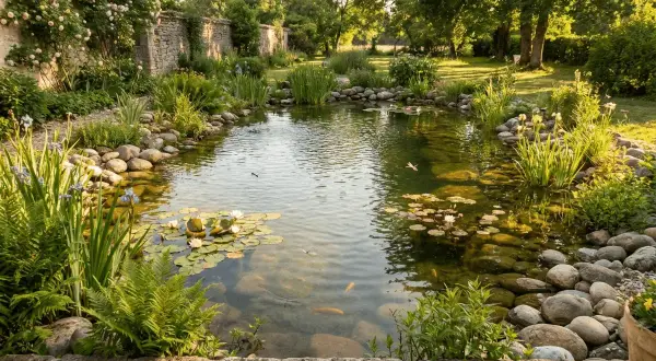 Un paisible bassin naturelle bordé de pierres et de végétation luxuriante, avec des nénuphars et des poissons dorés.