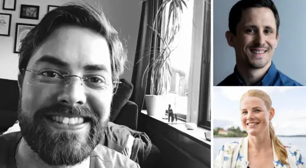 Tre porträtt av svenska personer. En man med glasögon och skägg i svartvitt, en man i blå skjorta och en kvinna med blont hår i färgglad jacka.