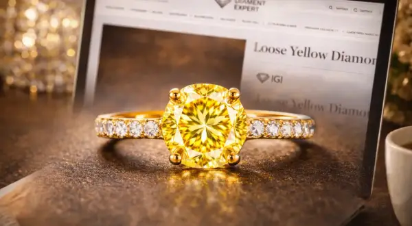 Złoty pierścionek z olśniewającym, żółtym diamentem i brylantami. Na ekranie laptopa widnieje napis "Loose Yellow Diamond".