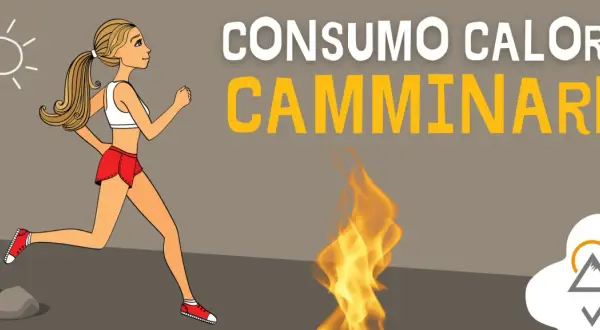 Donna corre sotto il sole, simbolo di calorie bruciate camminando. Fiamme indicano il consumo energetico.