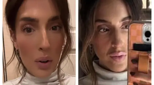 Split screen of a woman with dark hair and light makeup. She's wearing a light grey turtleneck. Chris loves Julia House.