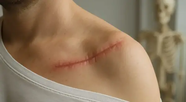 Świeża blizna po operacji na obojczyku, świadectwo leczenia stłuczenia barku i ramienia. W tle szkielet.