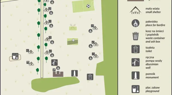 Mapa Puszczy Kampinoskiej z zaznaczonymi wiatami, paleniskami, boiskiem, placem zabaw i toaletą.