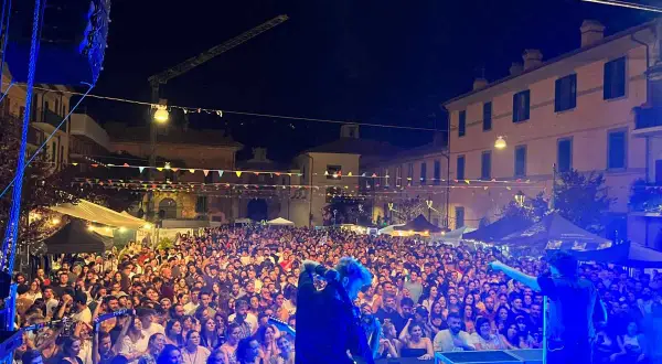 Folla immensa a una festa del luppolo, con musicisti sul palco che intrattengono il pubblico sotto un cielo stellato.