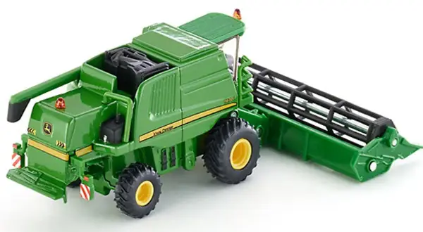 Zielony kombajn John Deere, model siku, gotowy do żniw.