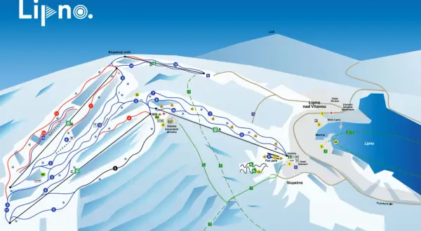 Übersichtskarte des Lipno Skigebiets mit Pisten, Liften und Orten wie Lipno nad Vltavou.