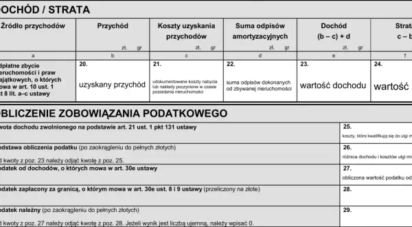 Formularz podatkowy zawiera sekcję "Dochód / Strata", gdzie oblicza się podatek od sprzedaży nieruchomości, uwzględniając przychód, koszty i odpisy.