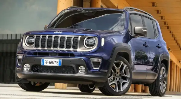 Niebieski Jeep Renegade na tle nowoczesnego budynku. Wiele osób szuka jeep renegade opinie przed zakupem.