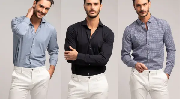 Uomo con camicie da uomo particolari: azzurra microfantasia, nera tinta unita e blu con fantasia geometrica, abbinate a pantaloni bianchi.
