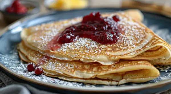 En hög med pannkakor toppas med sylt och pudrat socker. Perfekt för frukost, och ja, man kan frysa in pannkakor för senare njutning.