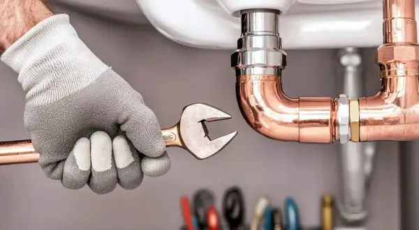 Hand mit Handschuh und Schraubenschlüssel arbeitet an Kupferrohren. Ein Projekt zur wasserleitung selbst verlegen wird hier gezeigt.