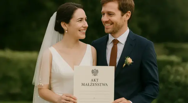 Szczęśliwa para z aktem małżeństwa w Polsce. Ich ślub z obcokrajowcem w Polsce jest udany.