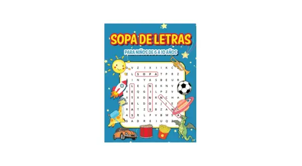 Divertida sopa de letras para niños de 6 a 10 años, con dibujos de cohete, sol, balón y más. ¡A buscar palabras!