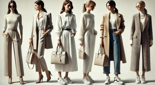Sześć kobiet prezentuje eleganckie stylizacje, idealne na co dzień. Wygodne spodnie, płaszcze i stylowe dodatki tworzą modny dress code casual.
