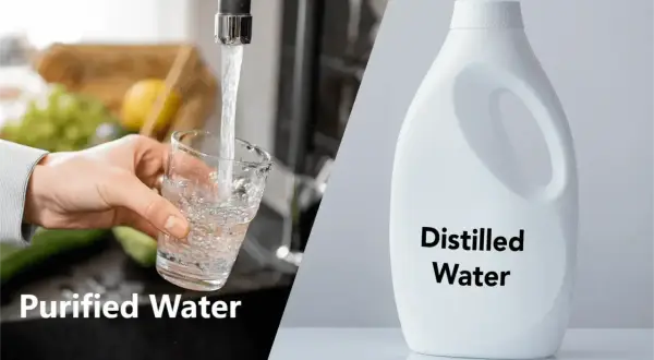 Comparaison visuelle : eau du robinet purifiée dans un verre et une bouteille d'eau distillée. Comprendre la différence entre eau déminéralisée et eau distillée.