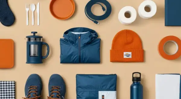 Bereit für Camping: Blaue Wanderschuhe, Jacke, Mütze, Kaffeepresse, Socken, Geschirr, Rolle Klebeband, Buch, Kabel, Toilettenpapier, Flasche und Decke.