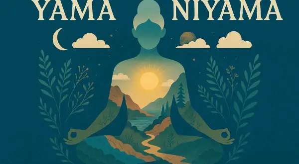 Meditazione con paesaggio interiore che rappresenta Yama e Niyama, con sole, montagne e fiume.