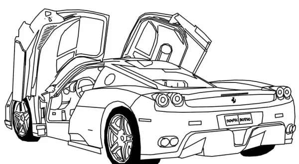 Szkic Ferrari 458 Italia z otwartymi drzwiami i podniesionymi maskami.