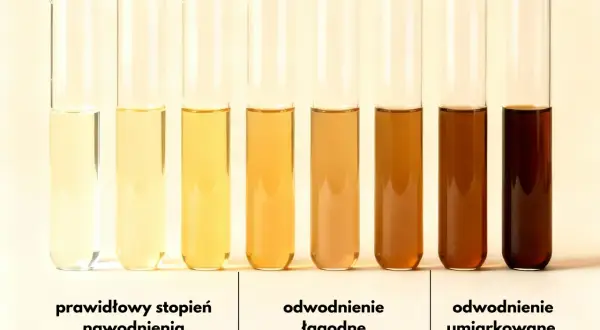 Siedem probówek z płynami o różnym zabarwieniu, od jasnego do bardzo ciemnego. Od jasnego do ciemnobrązowego, pokazując stopnie odwodnienia. Ciemny mocz może świadczyć o odwodnieniu.