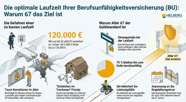 Die optimale BU-Laufzeit: Warum 67 das Ziel ist. Eine BU lässt sich kaum verlängern. Mit 62 statt 67 Jahren drohen hohe Verluste.