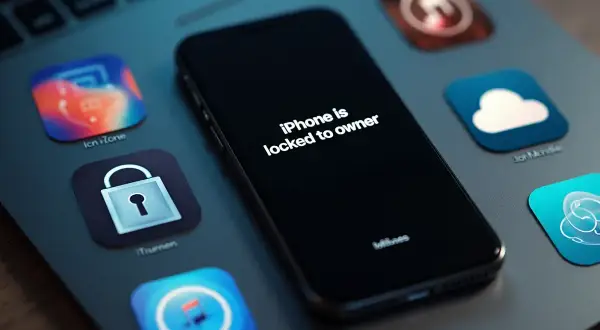 Zablokowany iPhone z komunikatem "iPhone is locked to owner". Ikony sugerują rozwiązania, jak odblokować iPhone bez komputera.