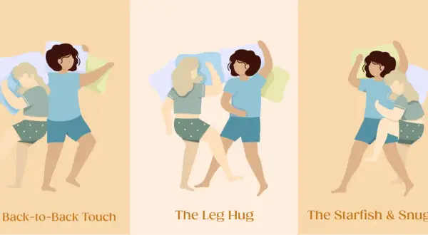 Illustrations of three best spooning positions: back-to-back touch, leg hug, and starfish & snuggler.