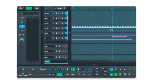 SoundBridge is a free audio recording software for Windows, shown here with a digital audio workstation interface displaying tracks and timeline.
